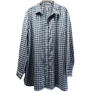 Chicos Womens Seersucker Tunic Top Size L Blue White Check Button Up Long Sleeve